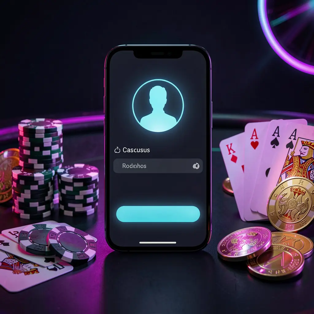 TTK889 casino app login scene on a smartphone with a glowing user profile icon, surrounded by chips, cards, and coins against an elegant dark background with neon highlights