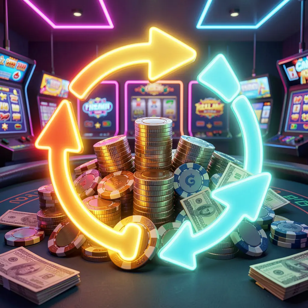 TTK889 reload bonus casino image featuring glowing circular arrows around coins, chips, and cash with a modern neon casino background in high detail 3D render