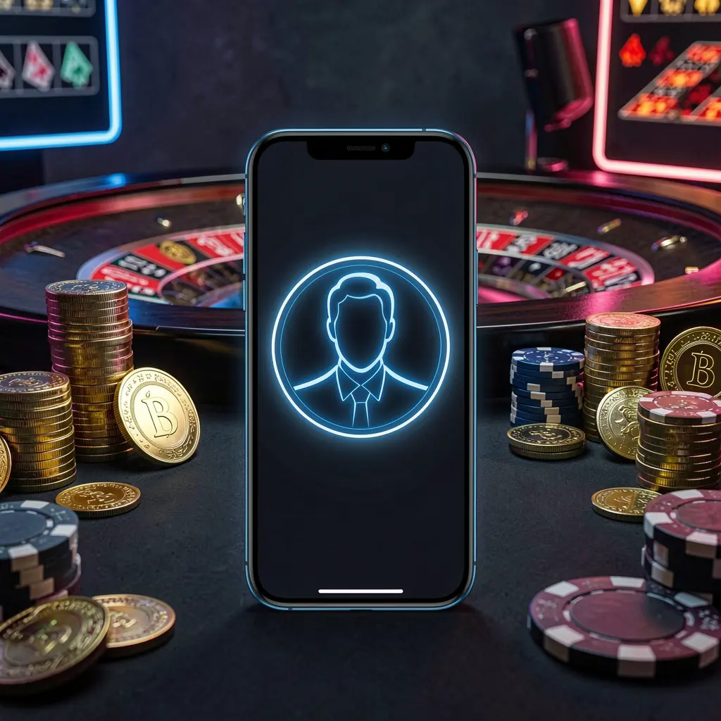 TTK889 online casino login hero image featuring a modern phone with a glowing profile icon, roulette lights in the background, and golden coins and poker chips in a premium dark neon atmosphere