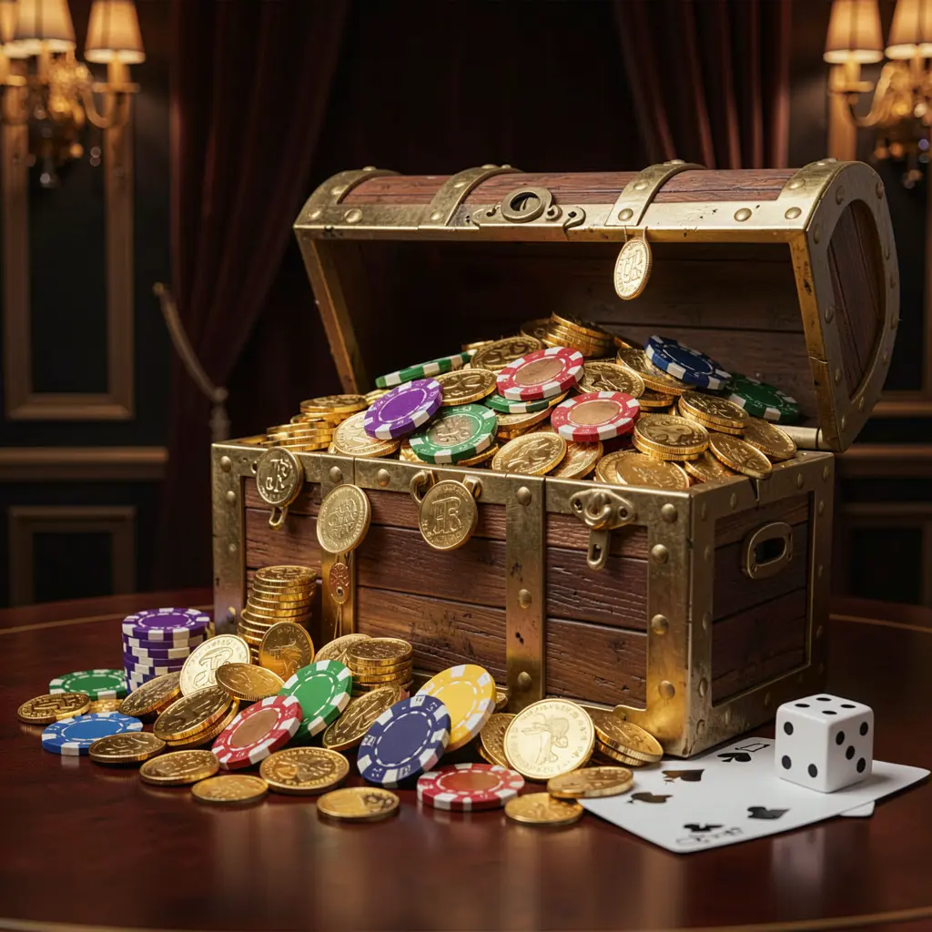TTK889 online casino welcome banner featuring a treasure chest filled with golden coins and casino chips, playing cards and dice nearby against a dark luxury background creating a festive premium atmosphere
